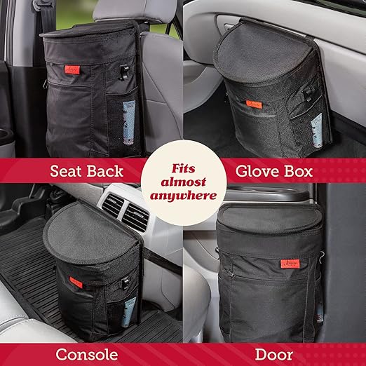 Lusso Gear Car Trash Can with Lid and Removable Liner, Hanging Car Trash Bag with Hooks, Waterproof Fabric Car Garbage Bin, Automotive Travel, Trashcan Car Accessories, for Truck Van and SUV (Red)
