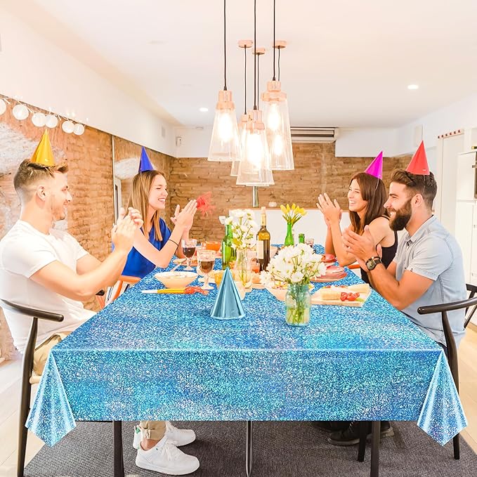 Just Shimmer Sparkling Holographic Laser Tablecloth - Shimmering, Waterproof, Easy to Clean - Ideal for Bachelorette, Birthday, Wedding, and Anniversary Party Decorations (Pink & Light Blue, 2)