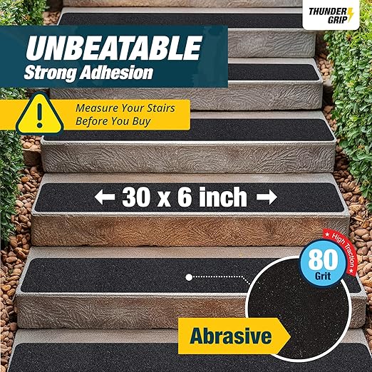 Outdoor Stair Treads Non Slip 30" x 6" - 15-Pack Weather Resistant Exterior Grip Tape for Wooden Steps - Non Slip Stair Treads - Anti Skid Strips - Waterproof 80-Grit Adhesive Treads