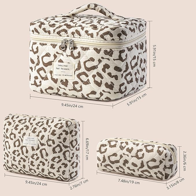 HBselect Quilted Makeup Bag, 3PCS Cotton Large Travel Makeup Bag, Cute Floral Coquette Make up Bag Cosmetic Bag Toiletry Bag for Women Girls