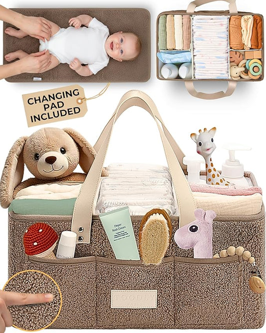 Baby Diaper Caddy Organizer with Portable Changing Mat - Teddy Fleece Diaper Organizer for Changing Table - Basket for Changing Essentials - Baby Essentials Organizer with Removable Dividers