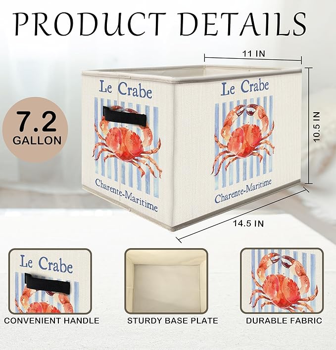 Coastal Beach Crab Storage Bins Box with Handles, Nautical Ocean Crab Collapsible Fabric Storage Basket Box Organizer for Beach House Bedroom Bathroom Clothes Toys Books