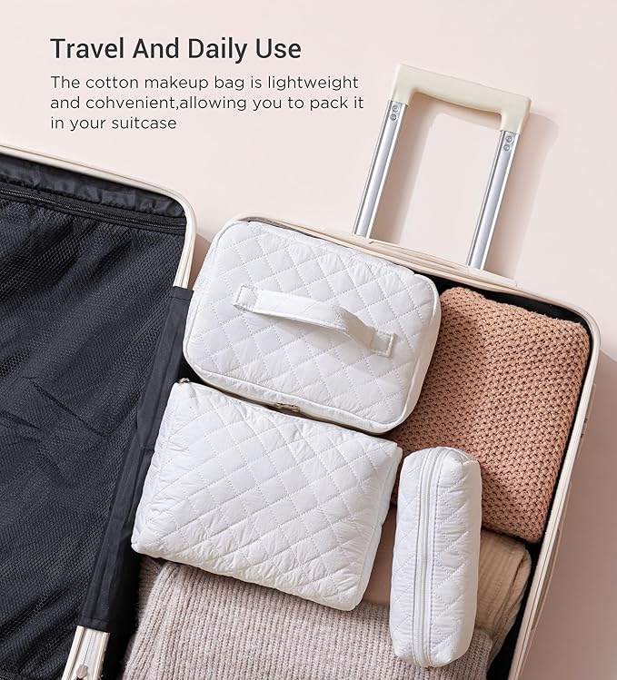 HBselect Quilted Makeup Bag, 3PCS Cotton Large Travel Makeup Bag, Cute Floral Coquette Make up Bag Cosmetic Bag Toiletry Bag for Women Girls