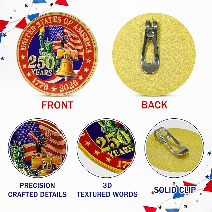 FLAGWIX America 250th Anniversary Car Visor Clip for Patriotic Christmas Decorations - 1776-2026 Metal Visor Clips for Cars 3in - United States 250 Anniversary Car Accessories, Veterans Day Gifts