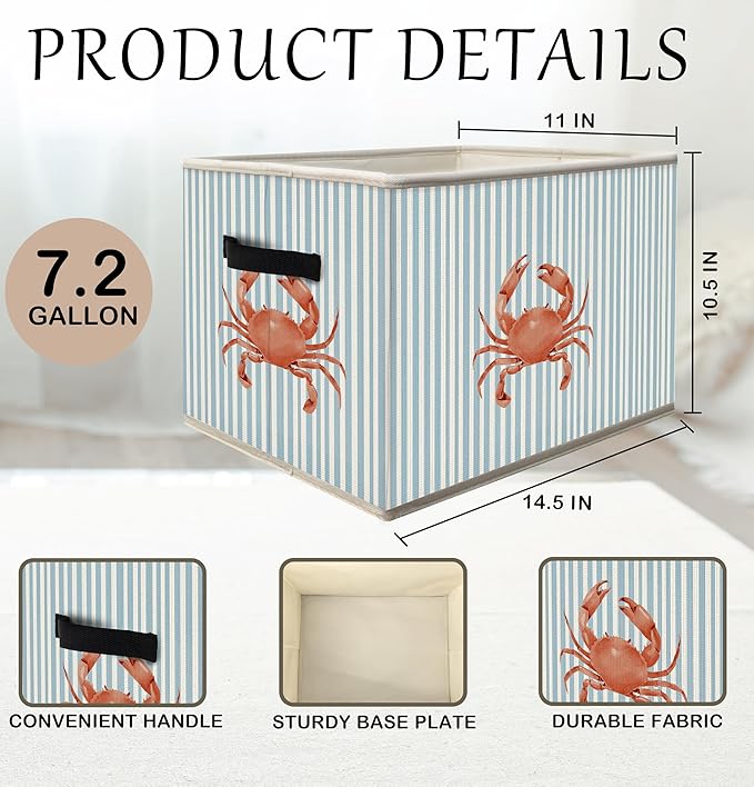 Blue Coastal Beach Crab Storage Bins Box with Handles, Blue Striped Ocean Crab Collapsible Fabric Storage Basket Box Organizer for Bedroom Bathroom Clothes Toys Books