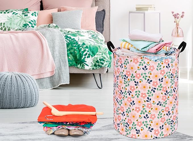 Kids Flower Hamper Storage Bins,Girls Room Decor Laundry Basket,Waterproof Clothes Organizer for Women Toy Box Large Canvas Collapsible Chest for Home/Dorm/Kitchen/Pet/Office/Closet/Shelf/Gifts