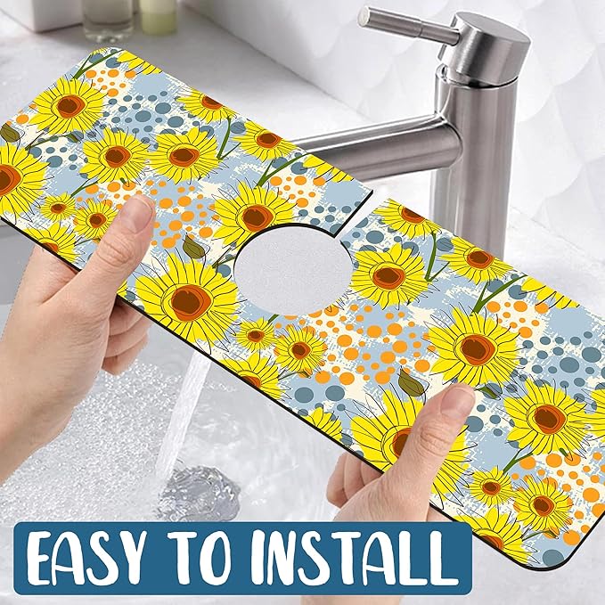 Watercolor Sunflowers Sink Faucet Absorbing Mat Sunflowers Polka Dots Super Absorbent Fast Drying Mat Sink Gadgets Behind Faucet Sinkmat for Kitchen Bathroom, 15.5"x5.5"