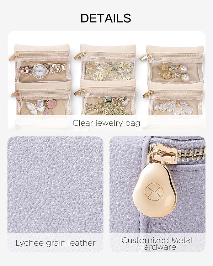 Vlando Jewelry Travel Case, Travel Jewelry Organizer with Clear Velvet Jewelry Bags, 6Pcs Zipper Pouch for Women, Gift for Her - Purple