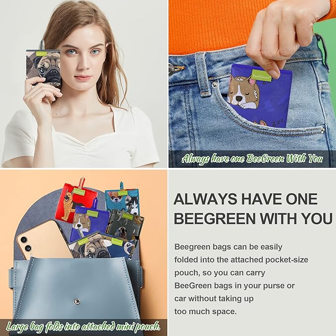 BeeGreen Cute Dog Cloth Gift Bags - Reusable Grocery Bag with Handles Foldable Washable 6 Pack - Extra Large Heavy Duty Tote Bag for Groceries (Bulk Holiday Packable Travel) - Shopping Bags for Women