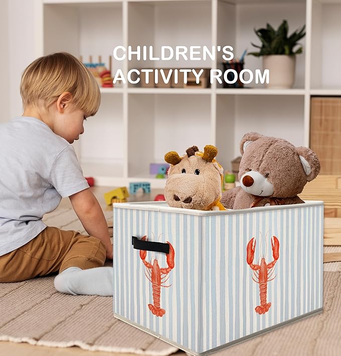Blue Coastal Beach Lobster Storage Bins Box with Handles, Blue Striped Ocean Lobster Collapsible Fabric Storage Basket Box Organizer for Bedroom Bathroom Clothes Toys Books