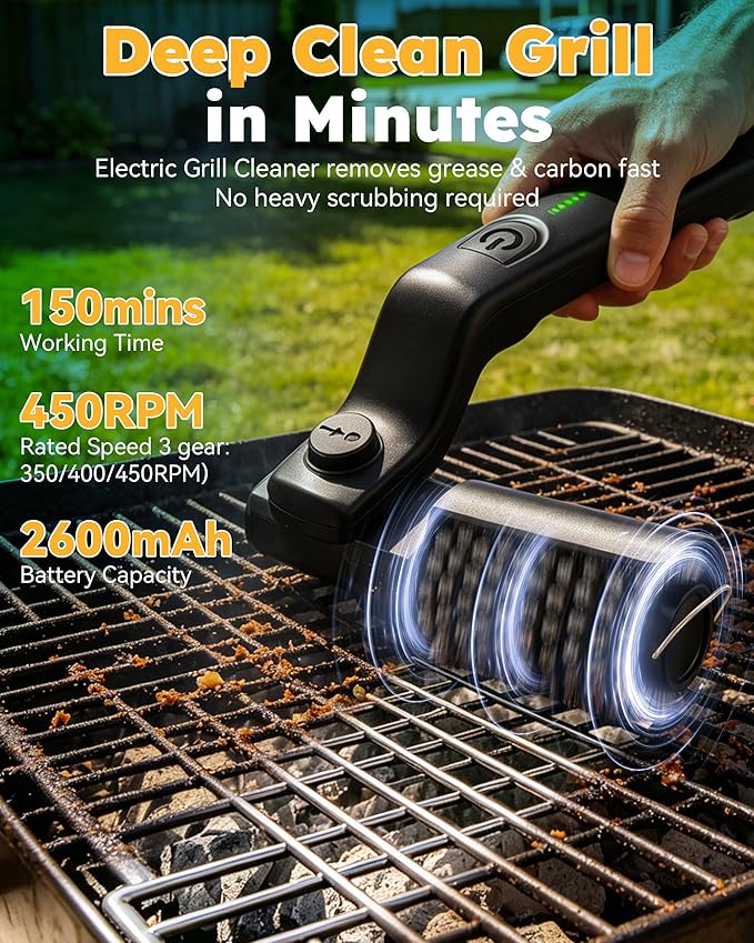 Electric Grill Brush Cordless – Rechargeable BBQ Grill Brush for Outdoor Grill, 3 Powerful Speed, Bristle-Free Safe, 180° Adjustable, Stainless Steel Rotary Brush Head, Grill Cleaning Tool