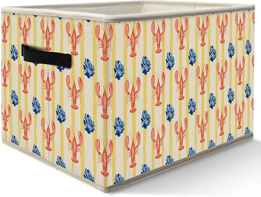 Coastal Beach Lobster Storage Bins Box with Handles, Preppy Seaside Lobster and Shellfish Ocean Collapsible Fabric Storage Basket Box Organizer for Bedroom Bathroom Clothes Toys Books