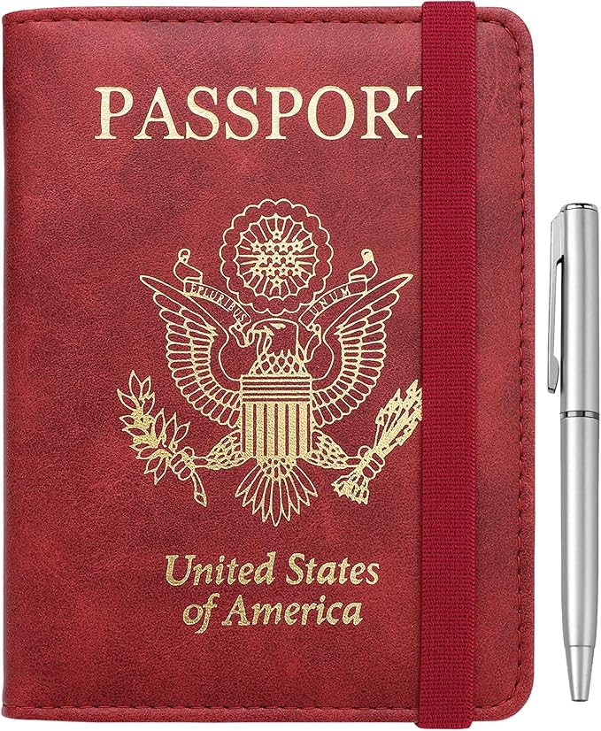 WALNEW Passport Holder for Travel, RFID Passport Cover Wallet for Women Men, PU Leather Passport Book Card Holder Case with Pen, Travelling Essentials for Flying