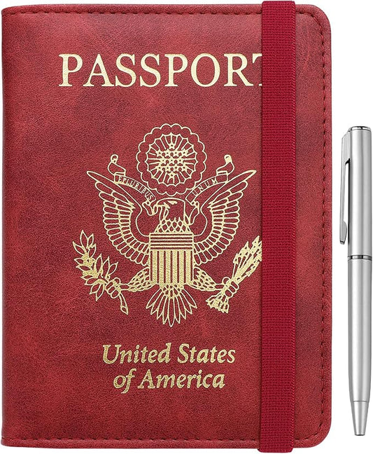 WALNEW Passport Holder for Travel, RFID Passport Cover Wallet for Women Men, PU Leather Passport Book Card Holder Case with Pen, Travelling Essentials for Flying