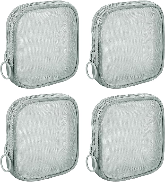 4 Pieces Mini Zipper Nylon Mesh Pouch, Mesh Cosmetic Bags Makeup Bags, Multipurpose Travel Toiletry Bags for Office Supplies and Travel Accessories (Grey, S)