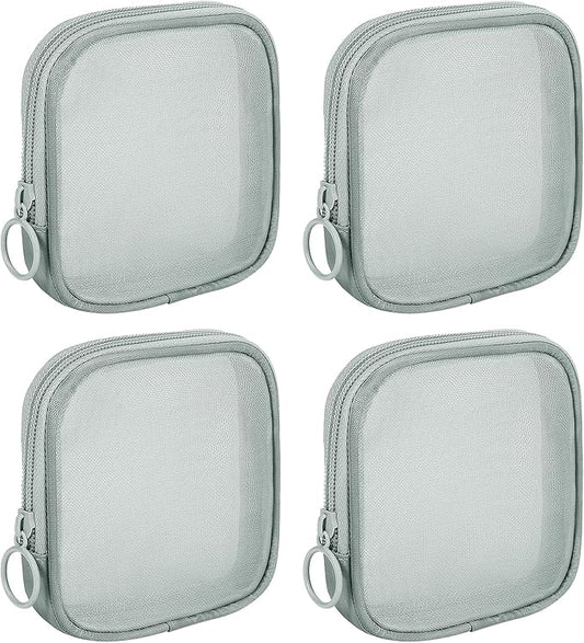 4 Pieces Mini Zipper Nylon Mesh Pouch, Mesh Cosmetic Bags Makeup Bags, Multipurpose Travel Toiletry Bags for Office Supplies and Travel Accessories (Grey, S)
