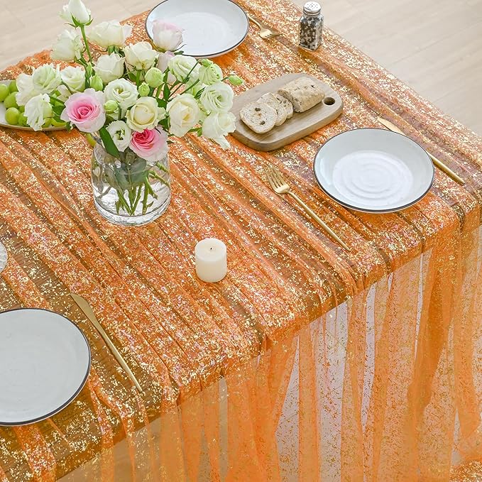 Horaldaily Orange Gold Gauze Tablecloth 60x60 Inch Square, Orange Sequin Glitter Metallic Foil, Sheer Tulle Cheesecloth for Wedding Baby Shower Ceremony Birthday