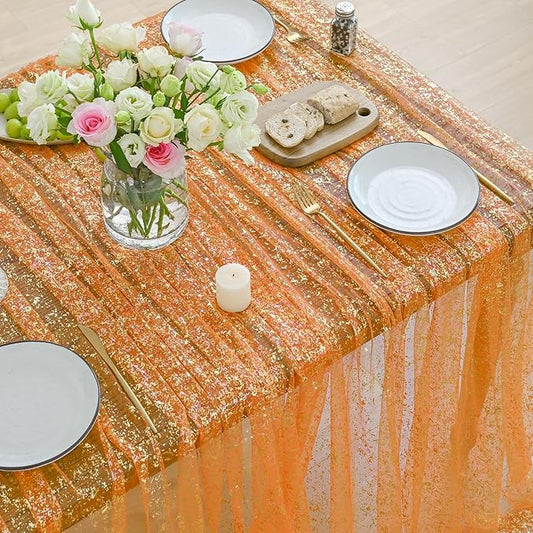 Horaldaily Orange Gold Gauze Tablecloth 60x60 Inch Square, Orange Sequin Glitter Metallic Foil, Sheer Tulle Cheesecloth for Wedding Baby Shower Ceremony Birthday
