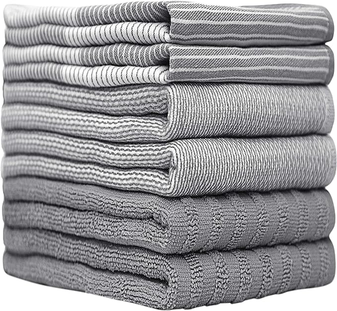 Premium Kitchen Towels (20”x 28”, 6 Pack) | Large Cotton Dish Towels | Flat & Terry Highly Absorbent Kitchen Linen Set with Hanging Loop | Gray