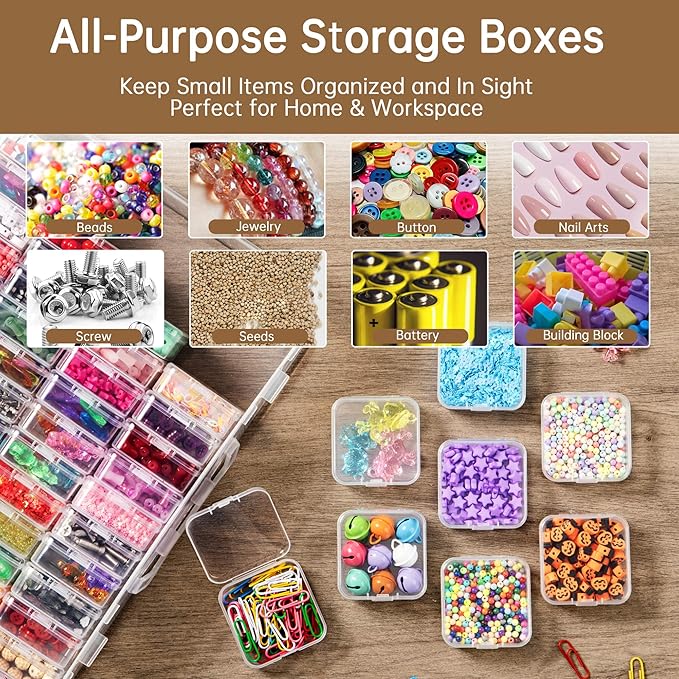 Bead Organizer Box, 60 Pack Small Clear Storage Boxes with Labels, Large Travel Craft Case with Handle, Mini Plastic Containers for Jewelry Making Diamonds DIY Pony Bracelet Screws Seeds Small Parts