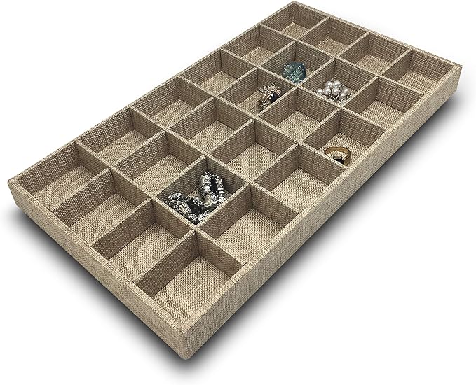 The Display Guys - Stackable Jewelry Tray and Organizer - for Drawers, Dressers, Store Display (24 Compartments, Beige Burlap)