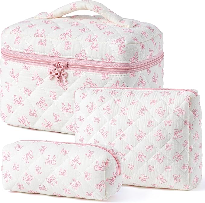 HBselect Quilted Makeup Bag, 3PCS Cotton Large Travel Makeup Bag, Cute Floral Coquette Make up Bag Cosmetic Bag Toiletry Bag for Women Girls