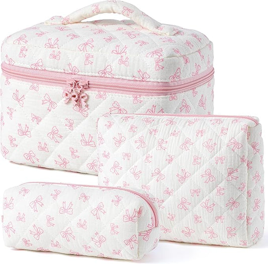 HBselect Quilted Makeup Bag, 3PCS Cotton Large Travel Makeup Bag, Cute Floral Coquette Make up Bag Cosmetic Bag Toiletry Bag for Women Girls