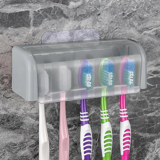 LUEXBOX 5 Slots Wall Mount Toothbrush Holder with Cover, Self Adhesive Toothbrush Storage Organizer for Shower, Toothbrush Hanger for Bathroom, Medicine Cabinet, Dorm (Grey)
