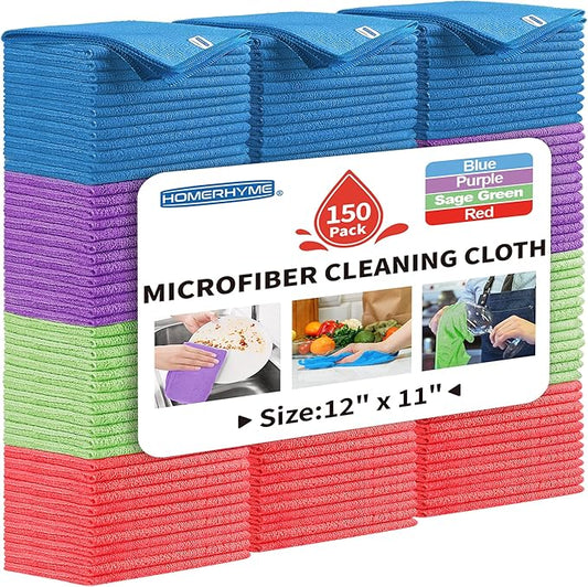 HOMERHYME Microfiber Cleaning Cloth, 150 Pack Cleaning Rags, 12" X 11" Lint Free Dish Towels Wash Cloths, Reusable Microfiber Towels for Home and Kitchen Bathroom Apartment Cleaning Supplies, Assorted