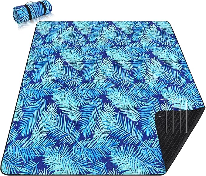 PY SUPER MODE Picnic Blankets Extra Large, Waterproof Foldable Outdoor Beach Blanket Oversized 83x79” Sandproof, 3-Layer Picnic Mat for Camping, Hiking, Travel, Park, Concerts (Blue Leaves)
