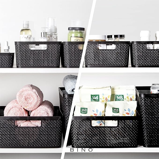 BINO | Woven Plastic Basket | Large (Black), 3-Pack | THE JUTE COLLECTION | Home Organization, Space-Saving Storage, Stylish Design | Jute Basket | Plastic Storage Basket