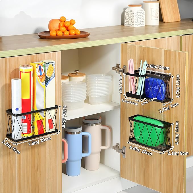 YIGII 3 Pack Adhesive Cabinet Door Organizer, Wall Mounted Lid Organizers Inside Cabinet with Straw Holder for Tupperware Lid Storage, Slim Space Kitchen Basket for Pantry, Under Sink