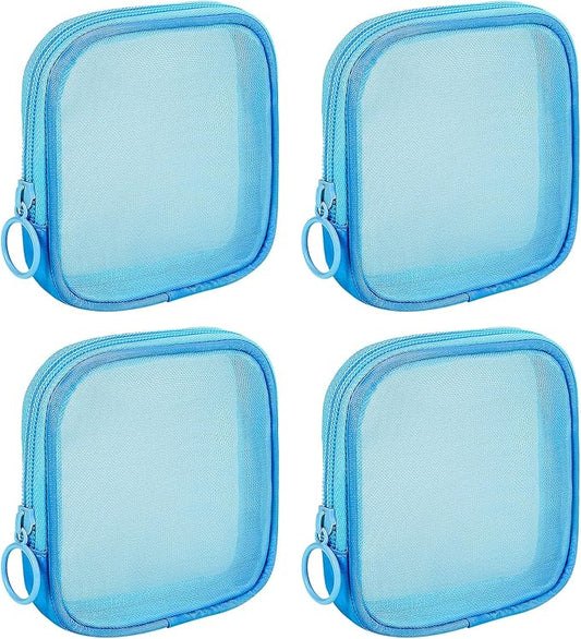 4 Pieces Mini Zipper Nylon Mesh Pouch, Mesh Cosmetic Bags Makeup Bags, Multipurpose Travel Toiletry Bags for Office Supplies and Travel Accessories (Blue, S)