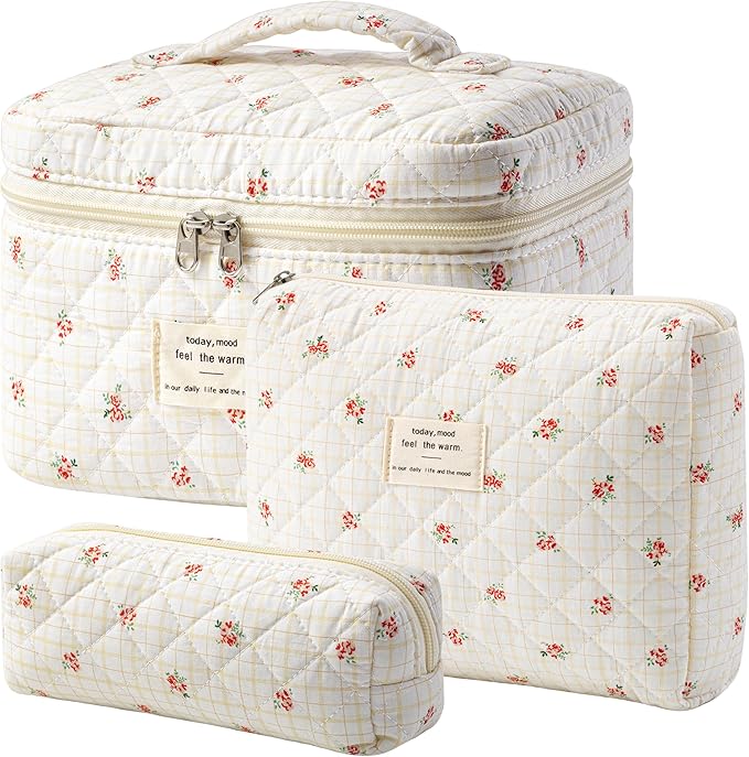 HBselect Quilted Makeup Bag, 3PCS Cotton Large Travel Makeup Bag, Cute Floral Coquette Make up Bag Cosmetic Bag Toiletry Bag for Women Girls