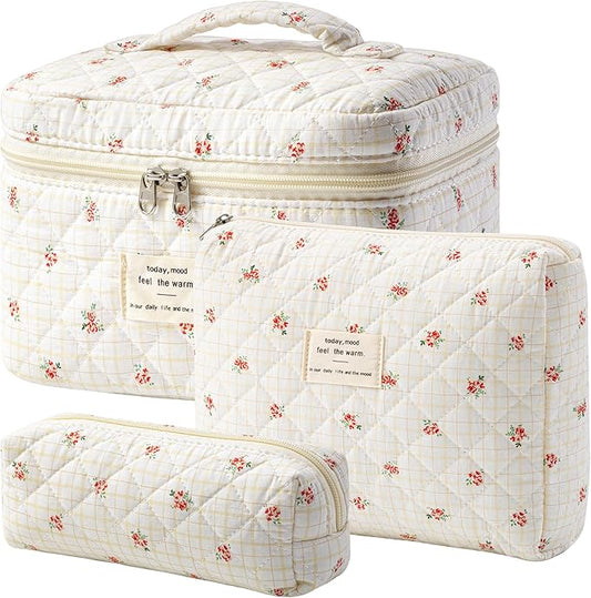 HBselect Quilted Makeup Bag, 3PCS Cotton Large Travel Makeup Bag, Cute Floral Coquette Make up Bag Cosmetic Bag Toiletry Bag for Women Girls