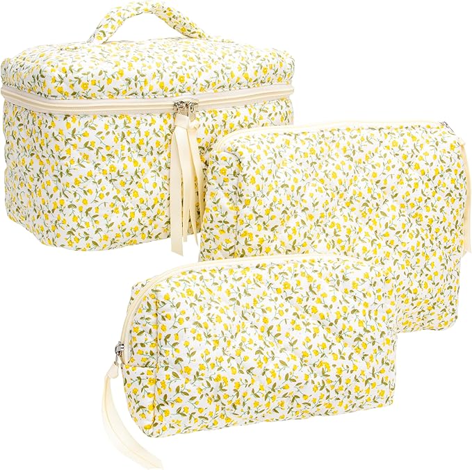 PAZIMIIK 3PCS Makeup Bag Set Large Travel Quilted Zipper Soft Cosmetic Case Pouch for Women Girls Make Up, Floral Yellow