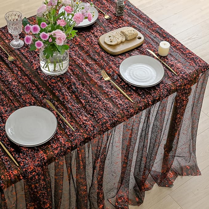 Horaldaily Black Red Gold Gauze Tablecloth 60x104 Inch Rectangular, Black Red Sequin Glitter Metallic Foil, Sheer Tulle Cheesecloth for Wedding Baby Shower Ceremony Birthday