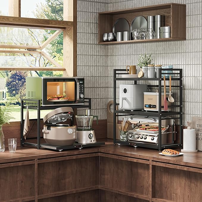 NETEL Expandable Microwave Stand,2 Tier Metal Kitchen Countertop Organizer Shelves with 8 Hooks,Bakers Rack,Pull-Out Microwave Shelf,55lbs Weight Capacity,Black
