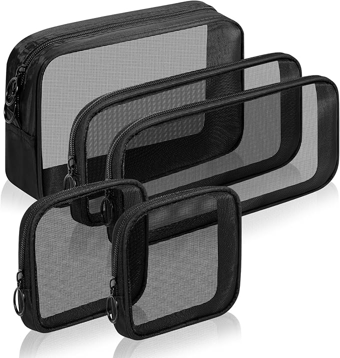 5 Pieces Mini Zipper Nylon Mesh Pouch, Mesh Cosmetic Bags Makeup Bags, Multipurpose Travel Toiletry Bags for Office Supplies and Travel Accessories (Black, Assorted Sizes)