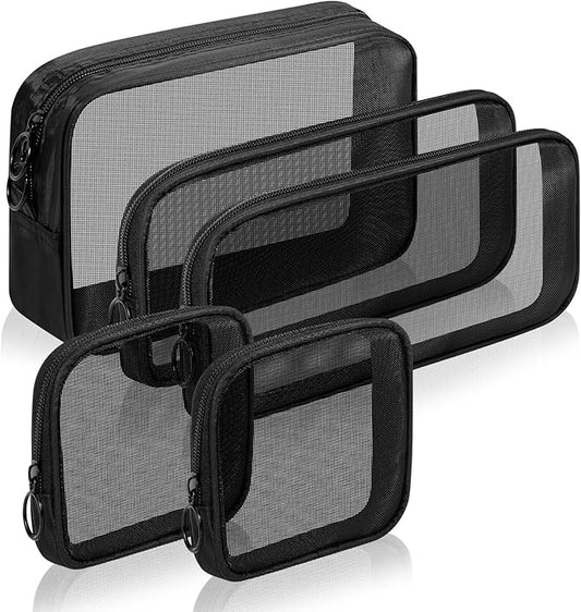 5 Pieces Mini Zipper Nylon Mesh Pouch, Mesh Cosmetic Bags Makeup Bags, Multipurpose Travel Toiletry Bags for Office Supplies and Travel Accessories (Black, Assorted Sizes)