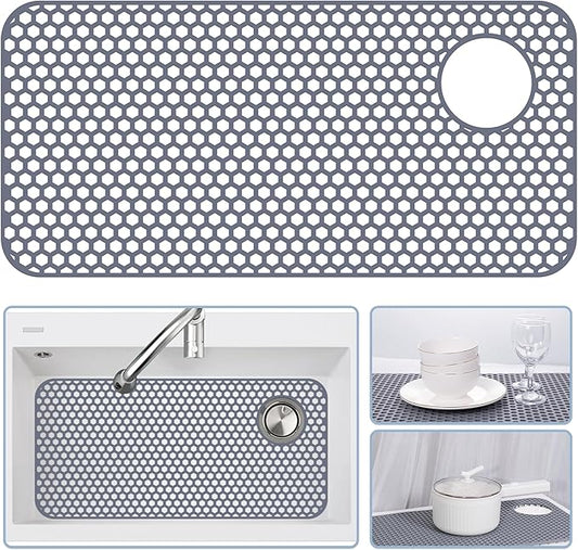 Silicone Sink Protectors for Kitchen Sink - 28.4"x 14.3" Kitchen Protector Accessory, Non-Slip Heat Resistant Mat for Bottom of Farmhouse Porcelain Stainless Steel (Top Right Drain Hole,Gray)