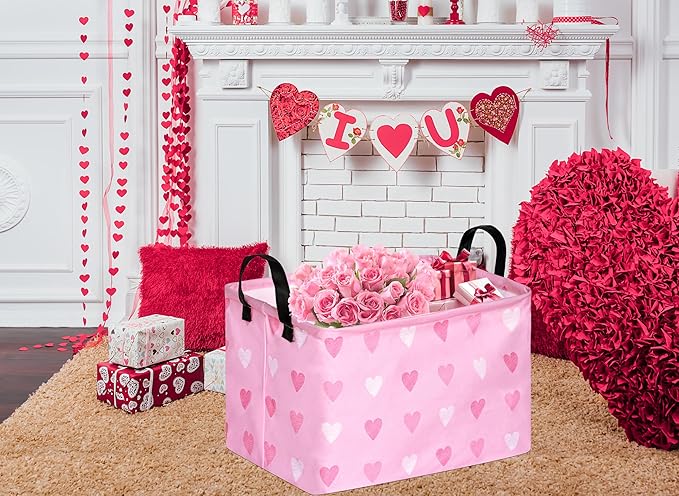 Rec Pink Heart Print Box Hamper Storage Basket Collapsible Organizer Bin Gift Shelf Baskets for Home and Kitchen Storage
