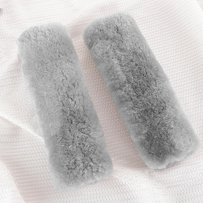 Amooca Authentic Sheepskin Seatbelt Cover Real Wool Car Truck SUV Airplane Seat Belt Shoulder Pad for Camera Backpack Straps Neck Cushion Protector 2 Pack Light Grey