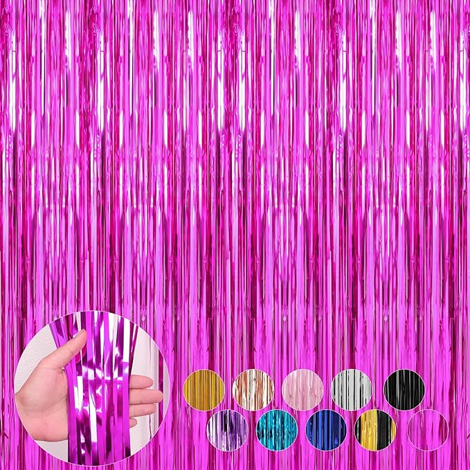 4 Pack Hot Pink Foil Fringe Curtains Door Streamers Party Decorations 3.3 x 8.2 ft, Tinsel Curtain Fringe Backdrop for Parties, Door Fringe Birthday Streamers, Photo Booth Backdrops, Party Decor