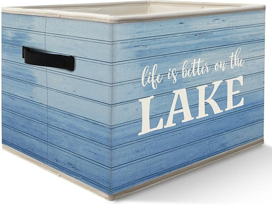 Lake House Storage Bins Box with Handles, Life Is Better On the Lake Collapsible Fabric Storage Basket Box Organizer for Bedroom Bathroom Clothes Toys Books