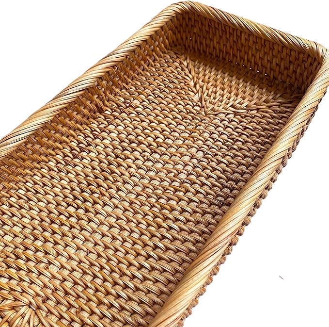 i-lan 14-Inch Rattan Bathroom Tray Organizer – Long Narrow Wicker Basket for Toilet Tank, Hand Towel Storage & Countertop, Boho Serving Tray for Bread, Vanity or Home Decor