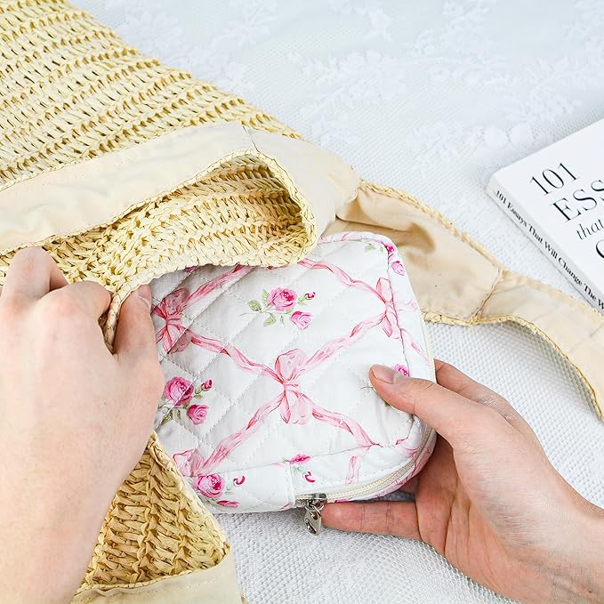Small Floral Quilted Makeup Bag, Coquette Aesthetic Travel Toiletry Organizer for Women, Lightweight Cotton Cosmetic Pouch