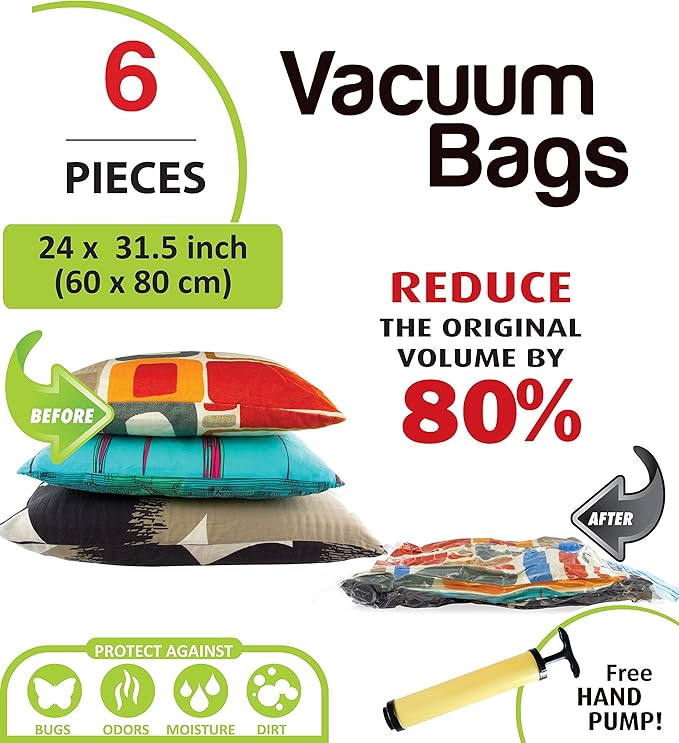 6 PC Large Vacuum Storage Bags | Space Saver Bags Underbed Storage for Clothes, Bedding & Travel Bag Sealer | Vacuum Sealer Bags with Travel Pump | Waterproof Bags Works with Any Vacuum