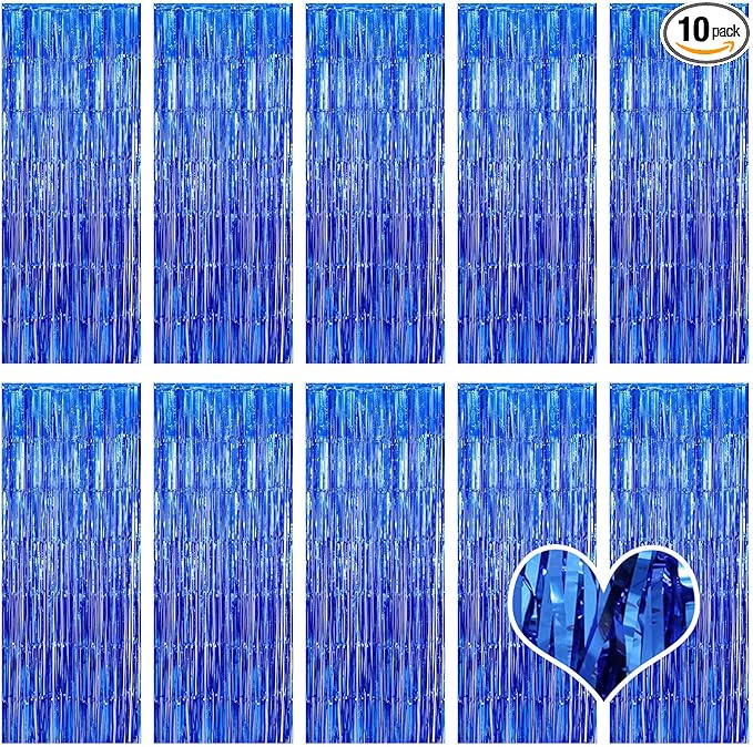 10 Pack Blue Backdrop Curtain 3.2ft x 8.2ft Metallic Tinsel Foil Fringe Curtains Photo Booth Background for Birthday Party Decoration Baby Shower Engagement Wedding Christmas Decoration (Blue)