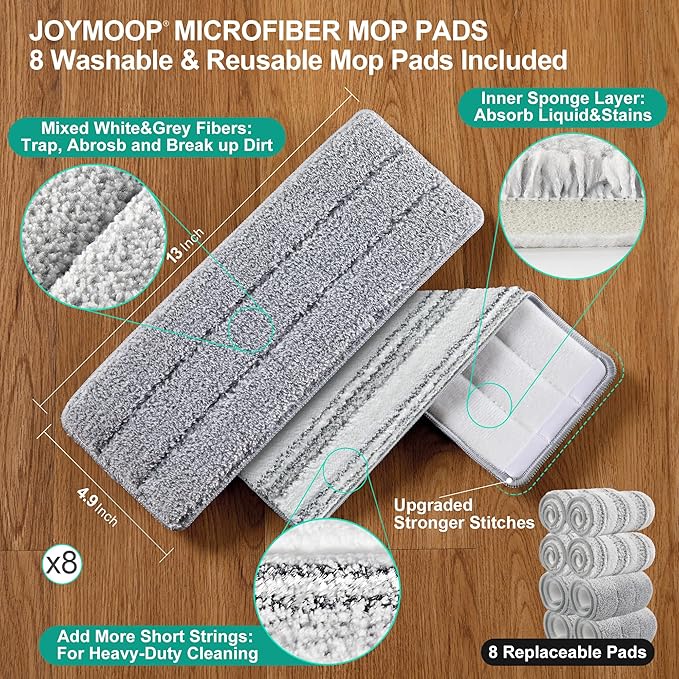 JOYMOOP Mop and Bucket Set for Household and Commercial Use, Dust Mops for Floor & Wall Cleaning, Long Handle, Wet and Dry Use - Includes 8 Microfiber Mop Pads